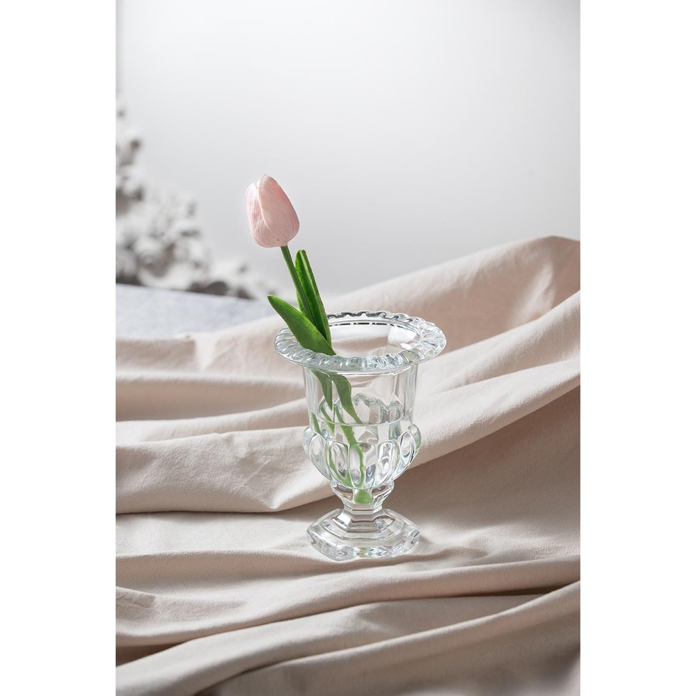 Set of Two Clear Glass Urn Table Vases on a white background