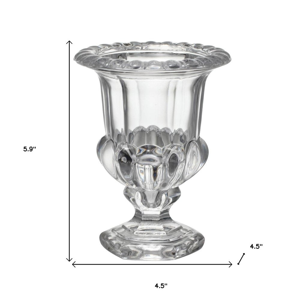 Set of Two Clear Glass Urn Table Vases on a white background