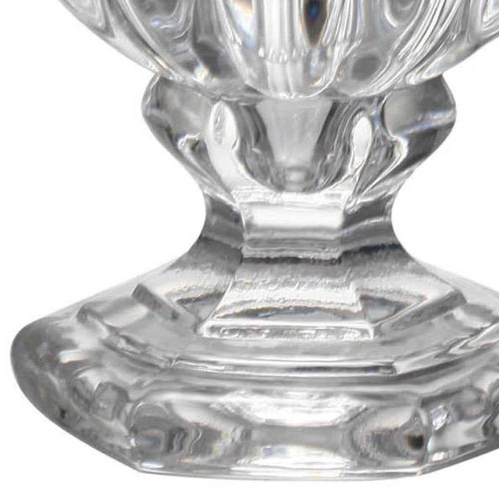 Set of Two Clear Glass Urn Table Vases on a white background