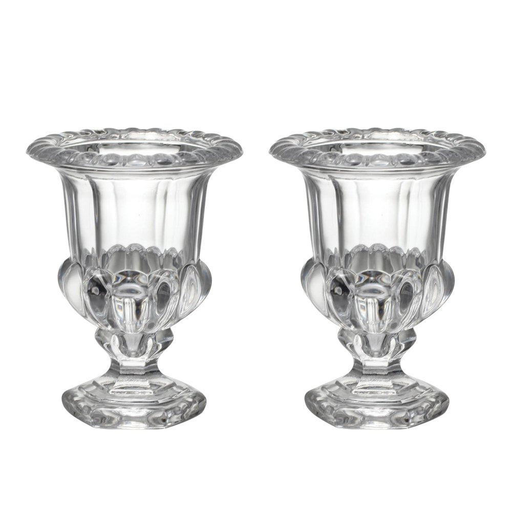 Set of Two Clear Glass Urn Table Vases on a white background