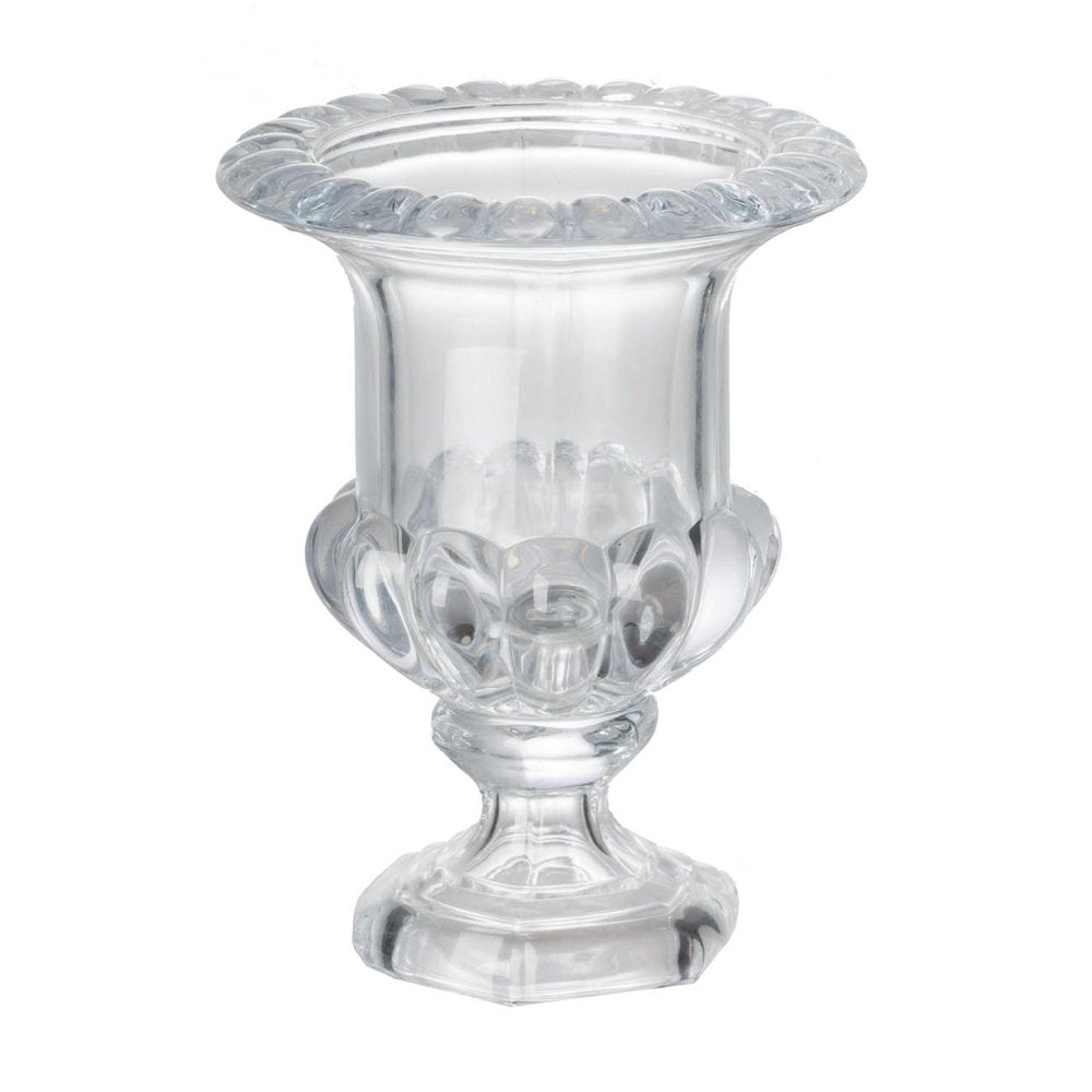 Set of Two Clear Glass Urn Table Vases on a white background