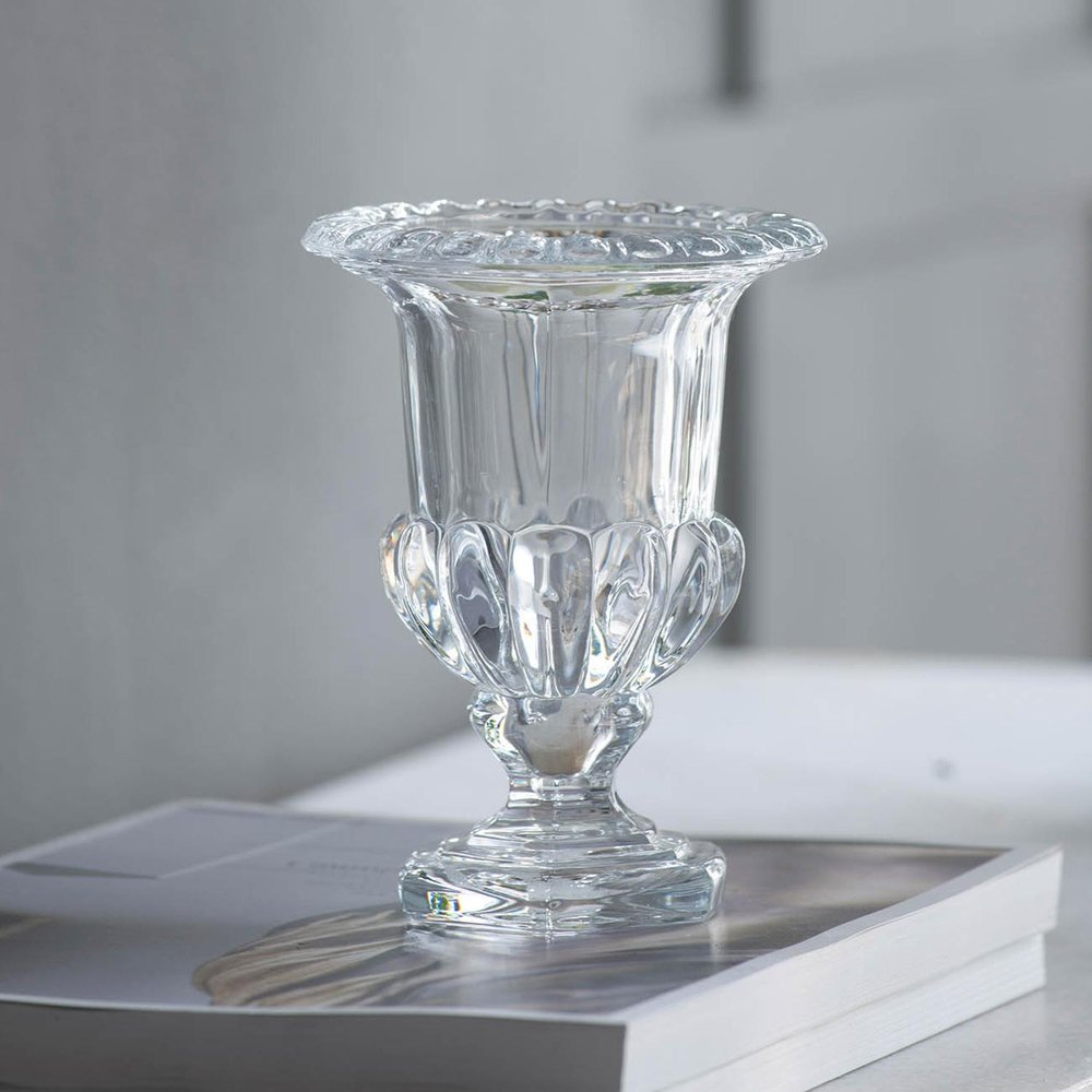 Set of Two Clear Glass Urn Table Vases in a home interior