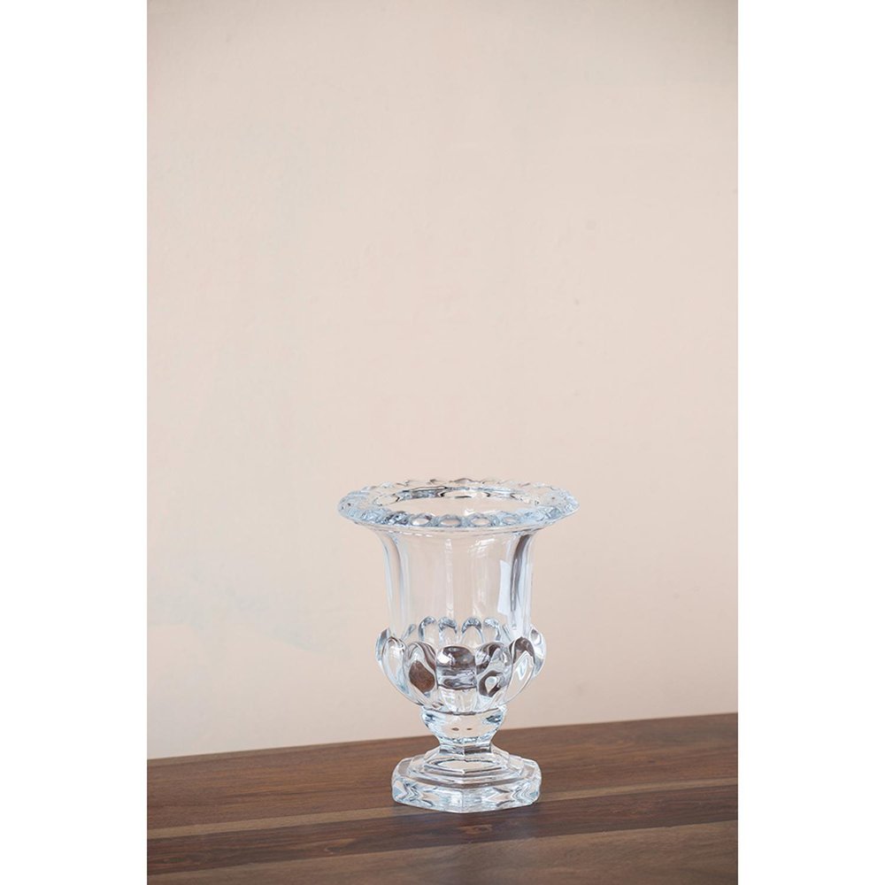 Set of Two Clear Glass Urn Table Vases on a white background