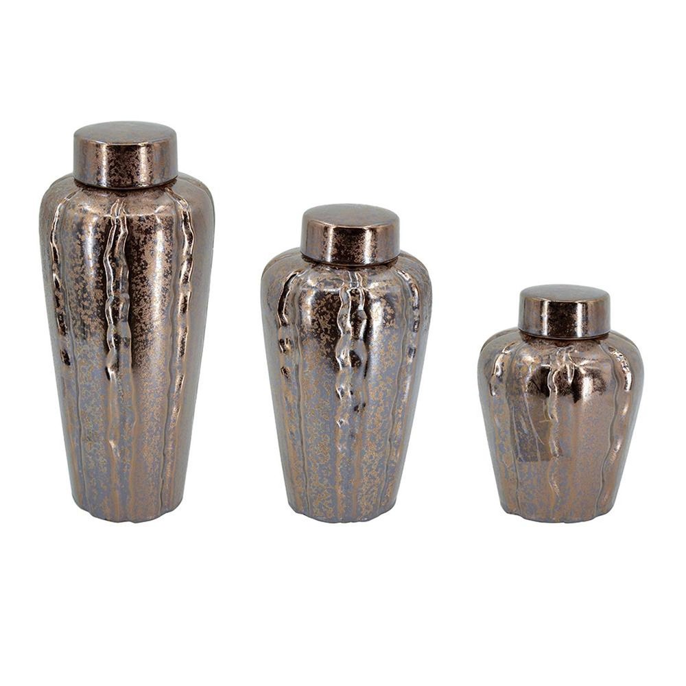 Set of Three Bronze And Silver Ceramic Urn Ginger Jars on a white background