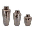 Set of Three Bronze And Silver Ceramic Urn Ginger Jars on a white background