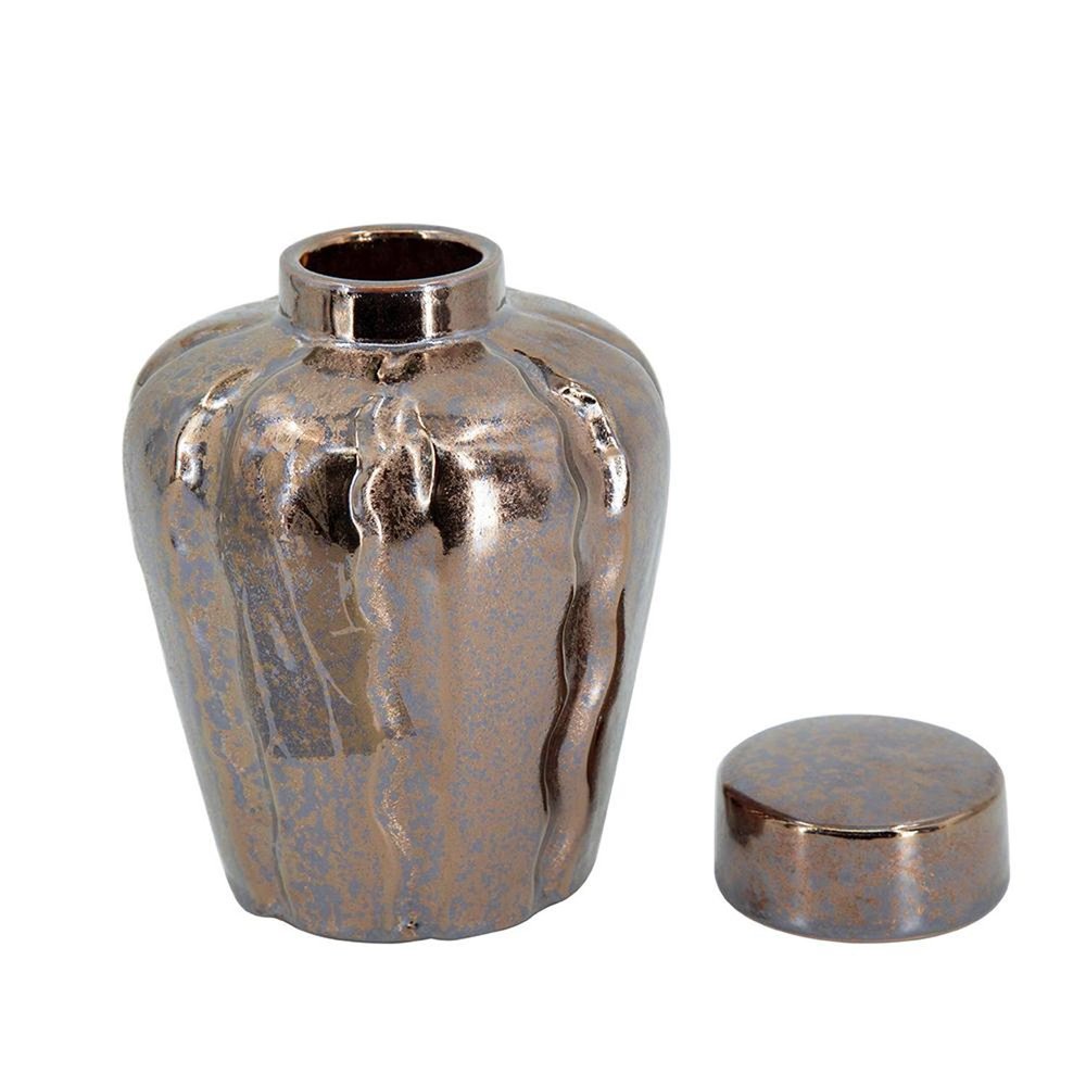 Set of Three Bronze And Silver Ceramic Urn Ginger Jars on a white background