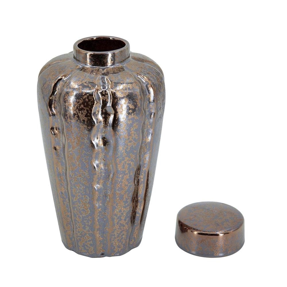 Set of Three Bronze And Silver Ceramic Urn Ginger Jars on a white background