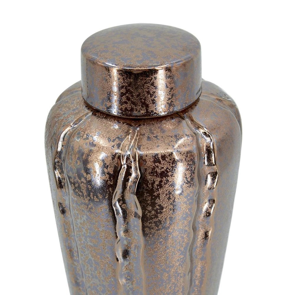 Set of Three Bronze And Silver Ceramic Urn Ginger Jars on a white background