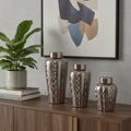 Set of Three Bronze And Silver Ceramic Urn Ginger Jars