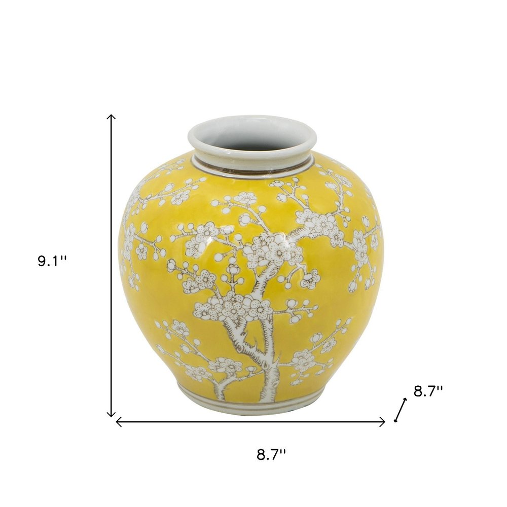 9" Yellow And White Chinoiserie Floral Porcelain Table Vase on a white background