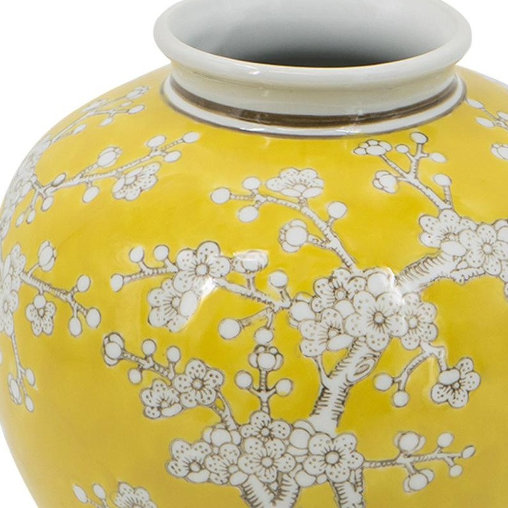9" Yellow And White Chinoiserie Floral Porcelain Table Vase close-up detail