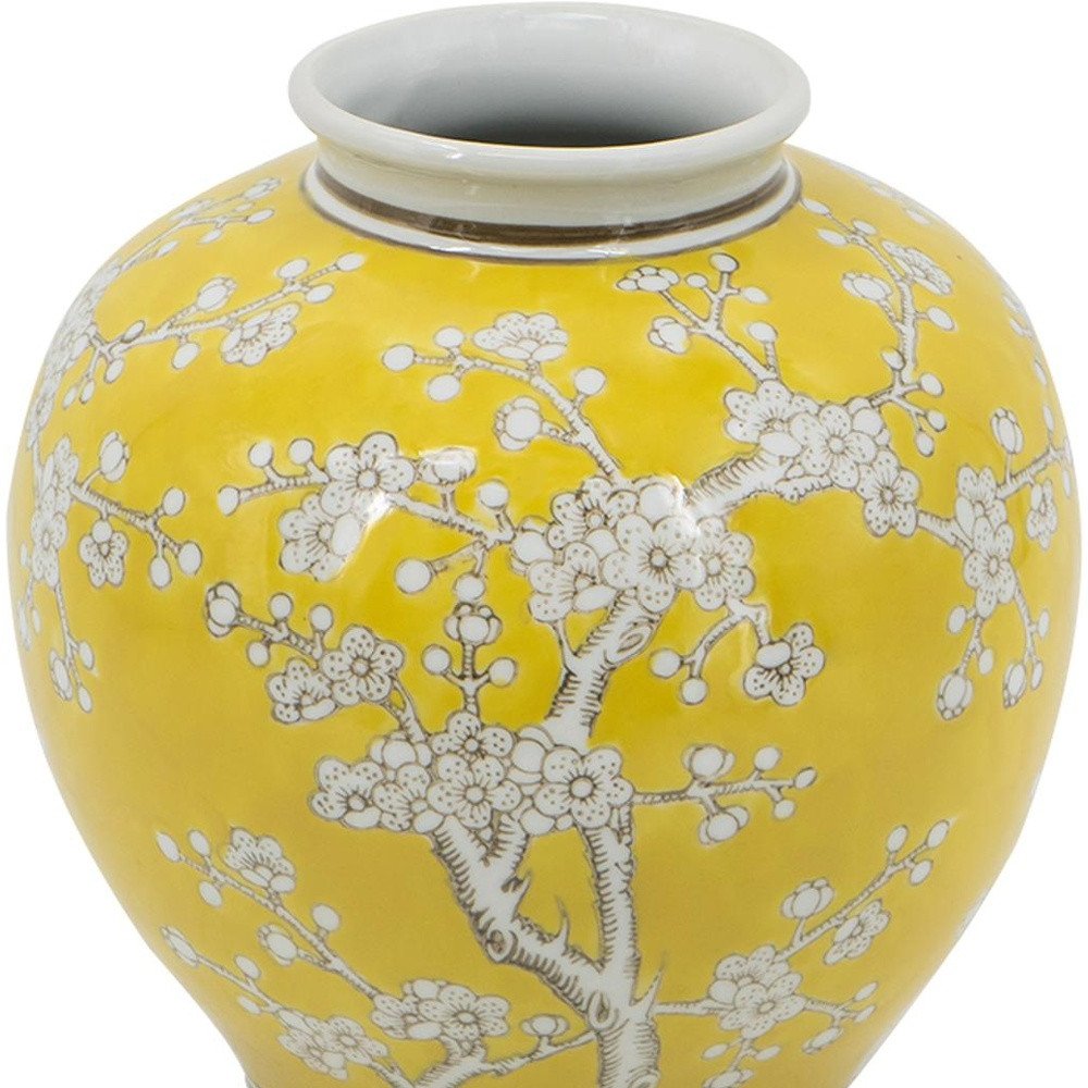 9" Yellow And White Chinoiserie Floral Porcelain Table Vase on a white background