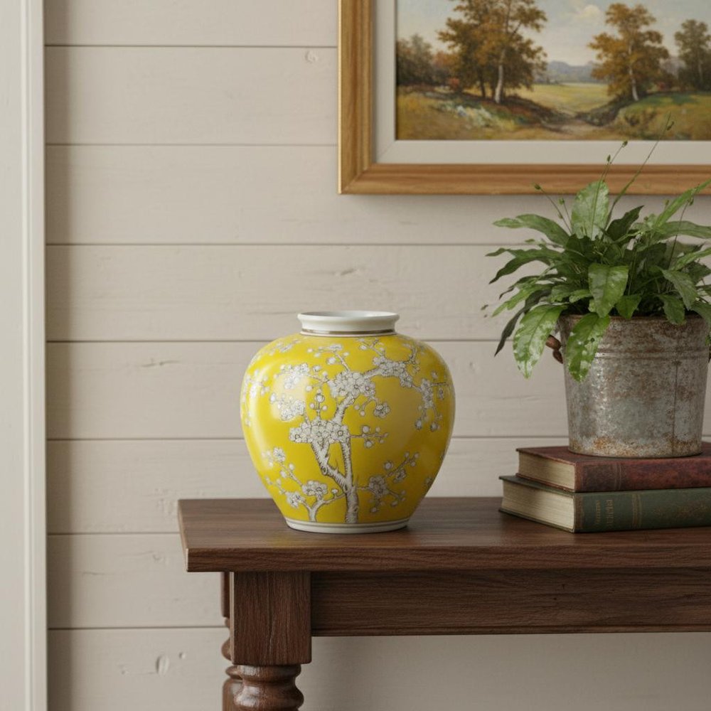 9" Yellow And White Chinoiserie Floral Porcelain Table Vase in a home interior