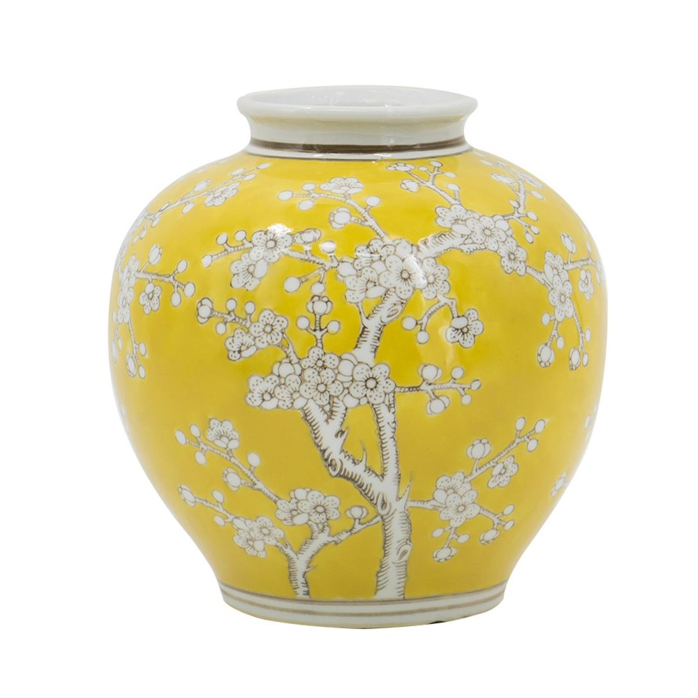 9" Yellow And White Chinoiserie Floral Porcelain Table Vase on a white background