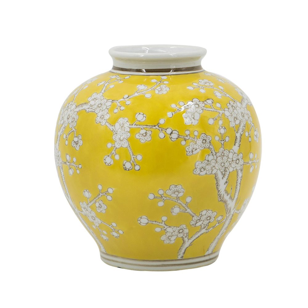 9" Yellow And White Chinoiserie Floral Porcelain Table Vase on a white background