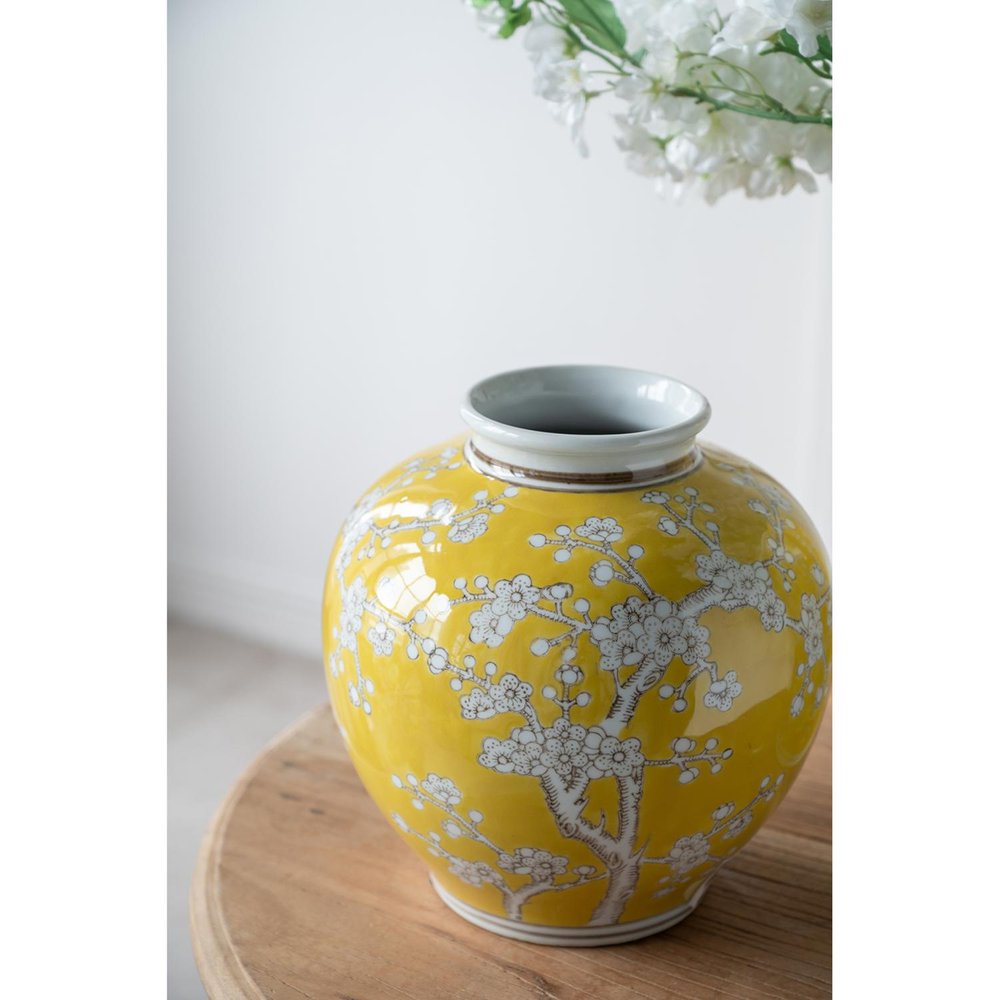 9" Yellow And White Chinoiserie Floral Porcelain Table Vase on a white background