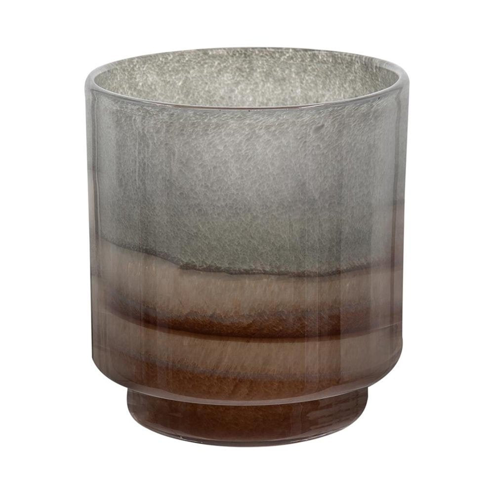 A round glass table vase with a gray and brown ombre finish, featuring a textured surface and a stepped base.
