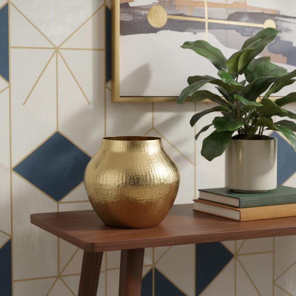 9" Gold Hammered Aluminum Round Table Vase in a home interior