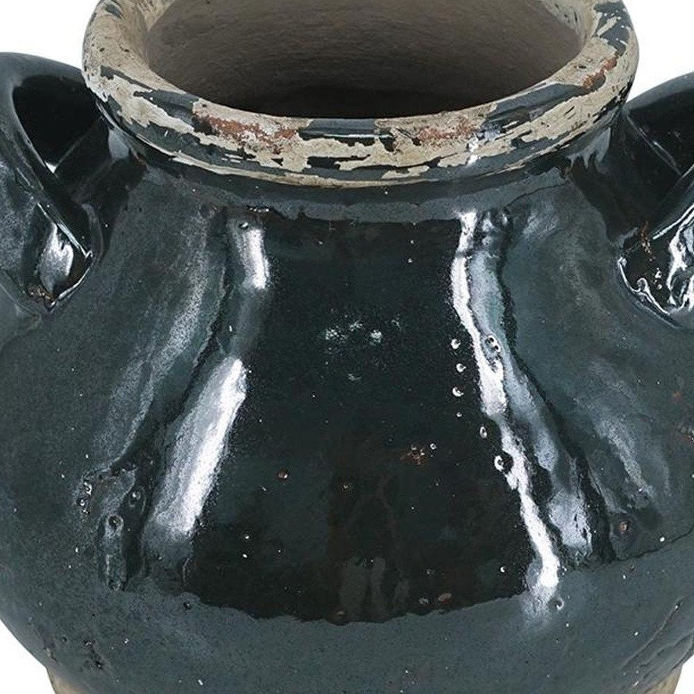 7" Dark Green And Sand Terracotta Round Jug Vase