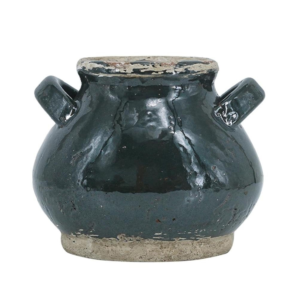 7" Dark Green And Sand Terracotta Round Jug Vase