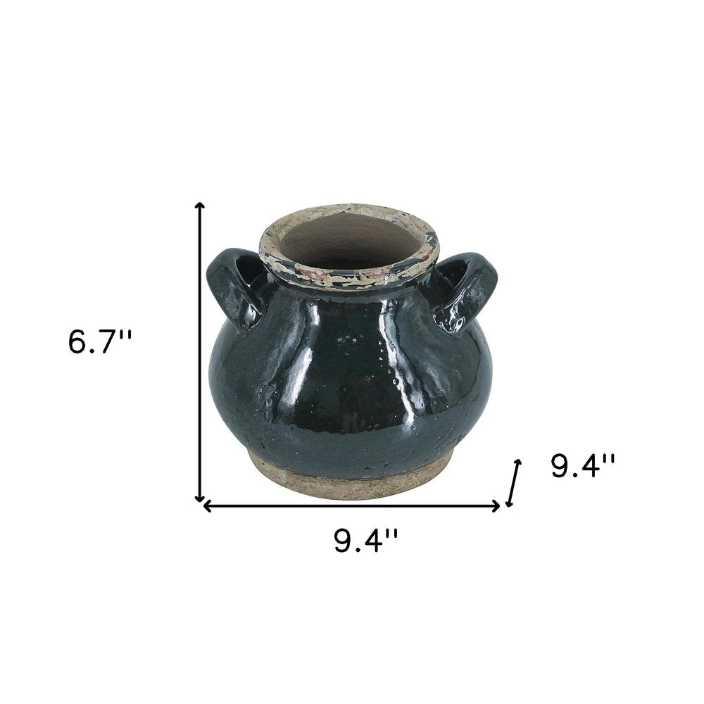 7" Dark Green And Sand Terracotta Round Jug Vase on a white background