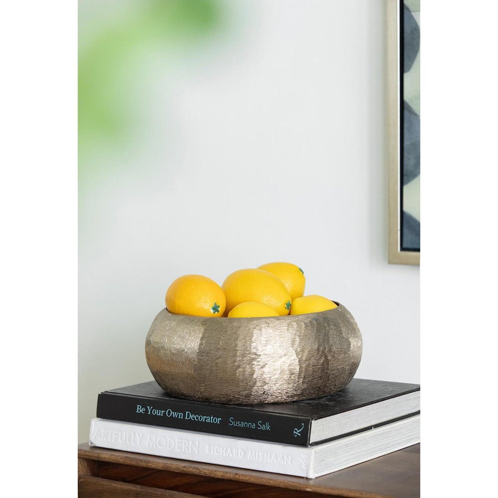 Set of Two Gold Aluminum Hammered Round Centerpiece Bowls on a white background
