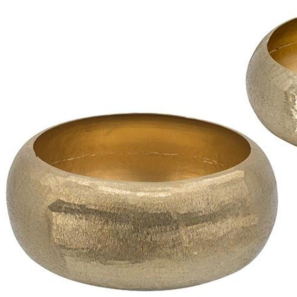 Set of Two Gold Aluminum Hammered Round Centerpiece Bowls on a white background