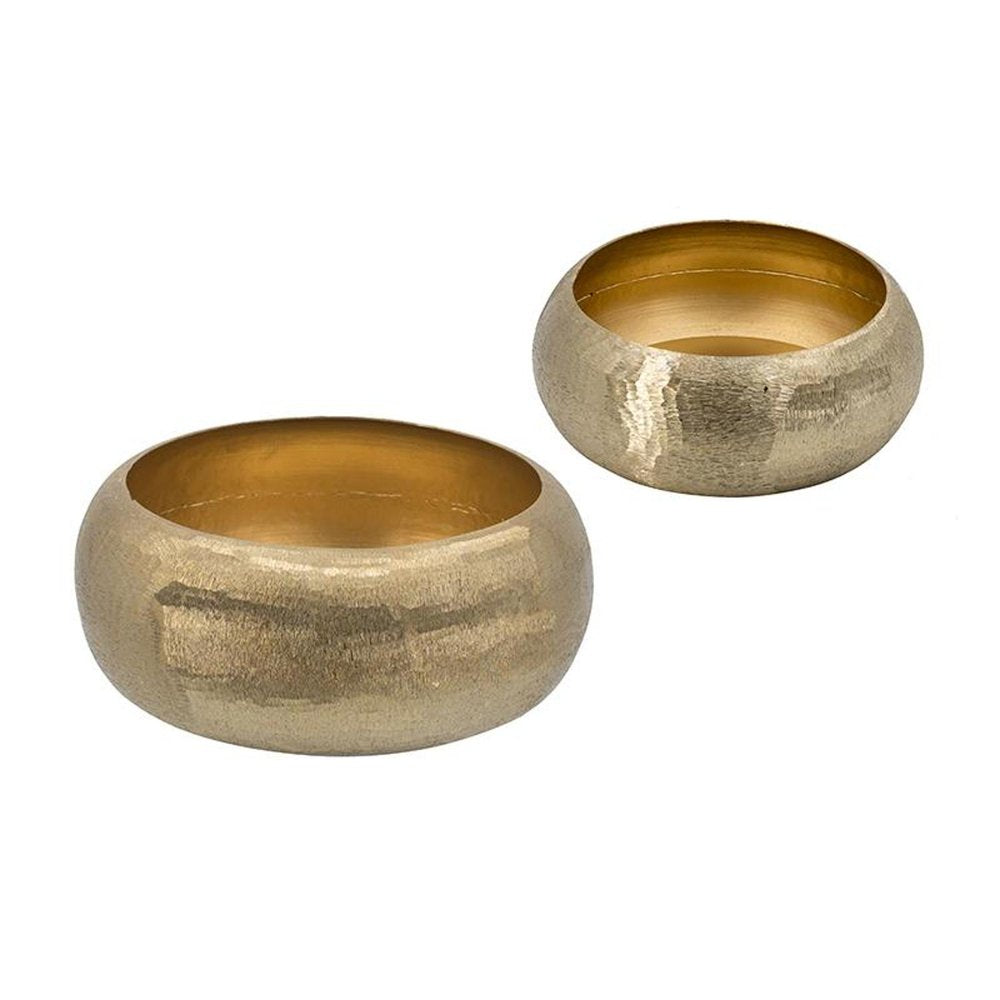 Set of Two Gold Aluminum Hammered Round Centerpiece Bowls on a white background