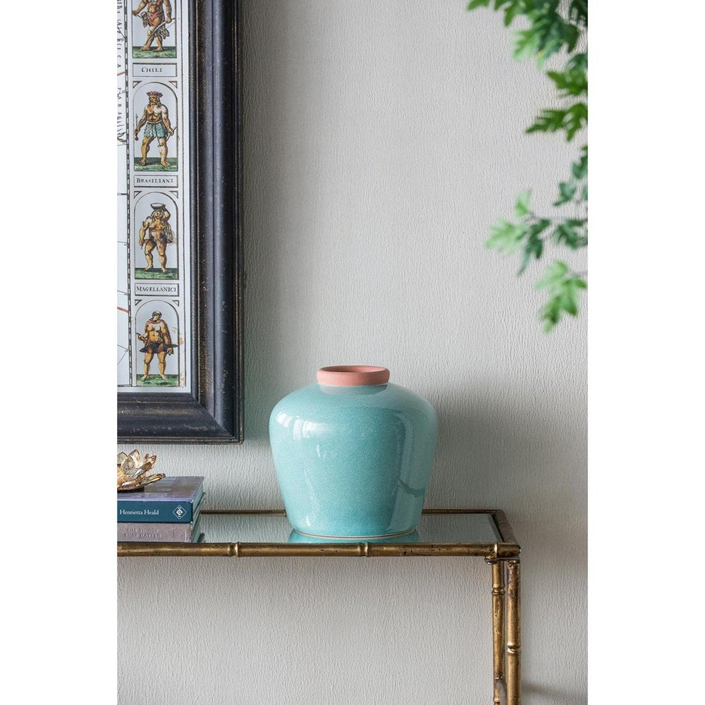 9" Natural And Teal Blue Ceramic Round Table Vase on a white background