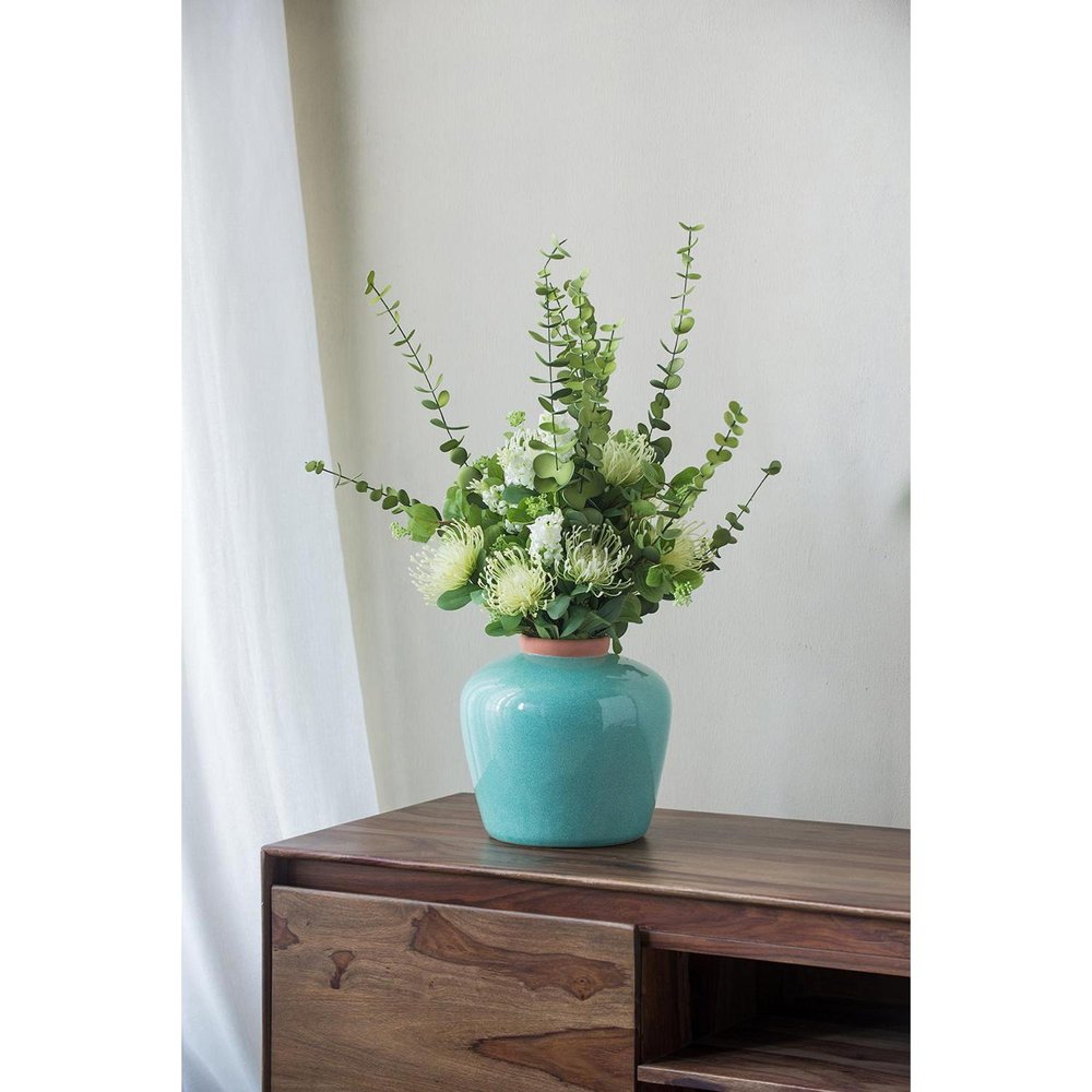 9" Natural And Teal Blue Ceramic Round Table Vase on a white background