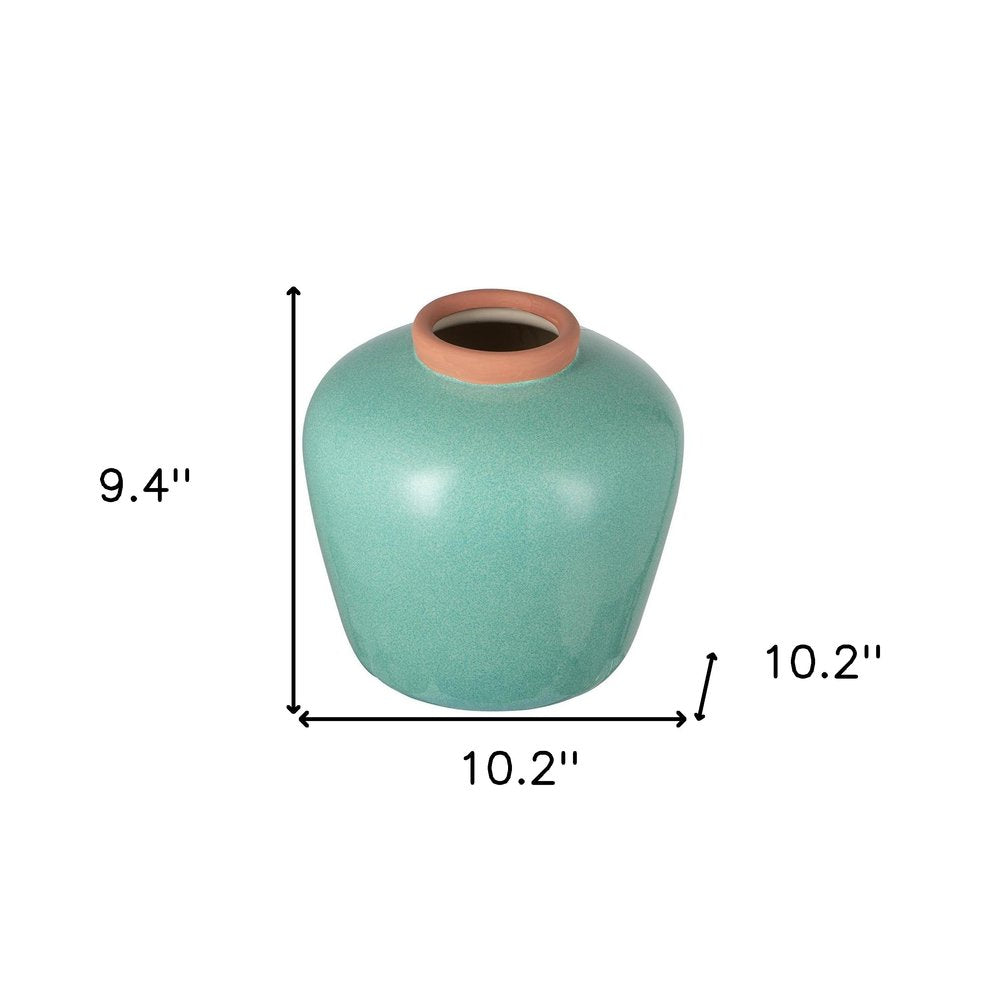 9" Natural And Teal Blue Ceramic Round Table Vase on a white background