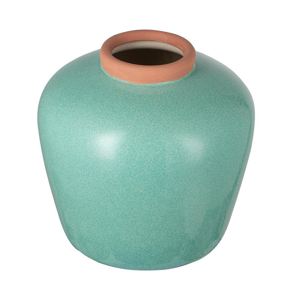 Teal blue ceramic round vase with a terracotta rim, isolated on a white background.