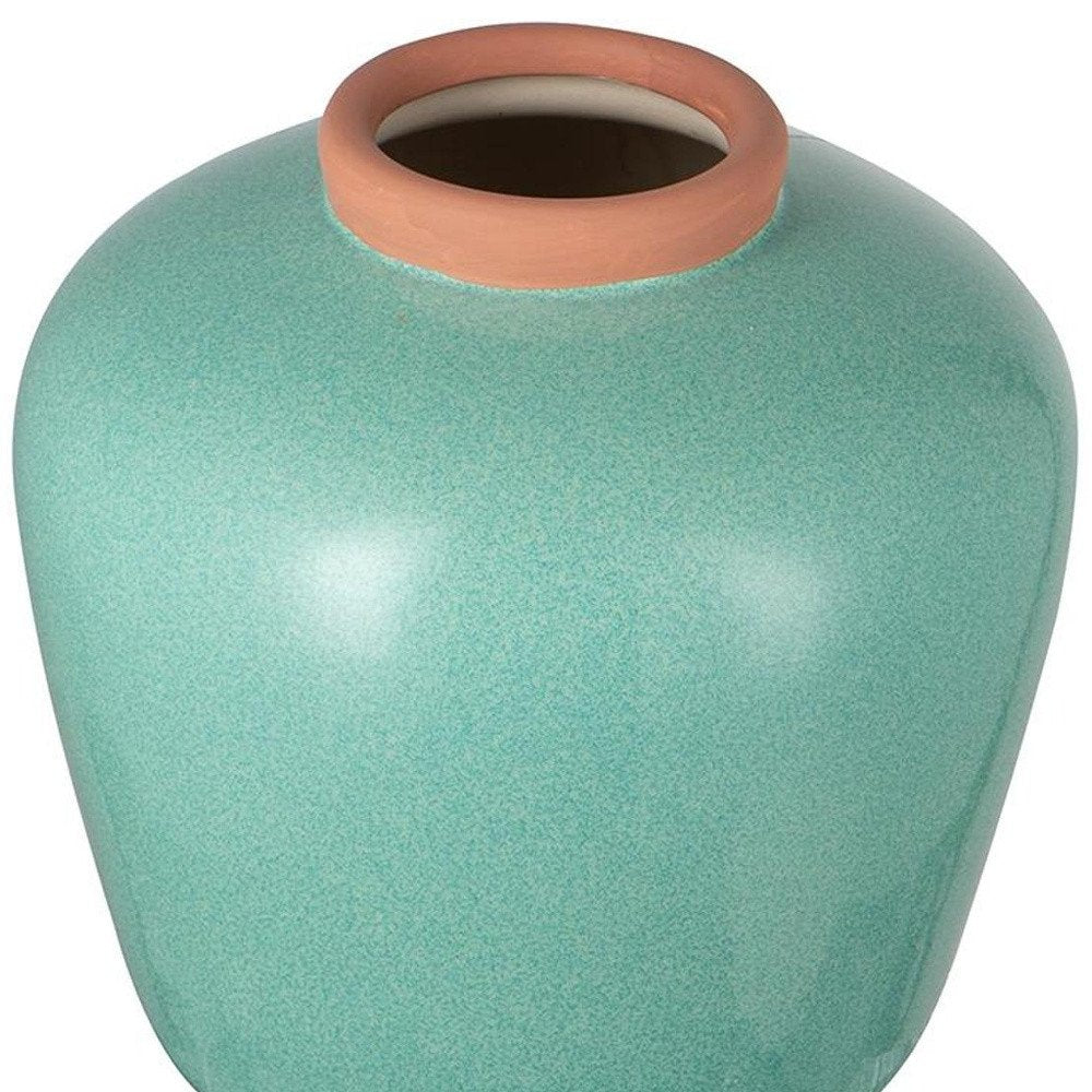9" Natural And Teal Blue Ceramic Round Table Vase on a white background
