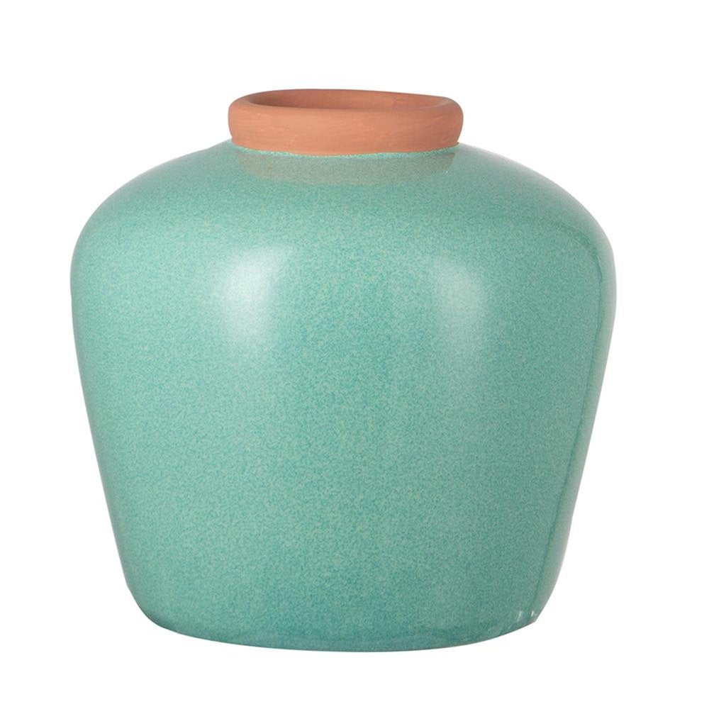 9" Natural And Teal Blue Ceramic Round Table Vase on a white background