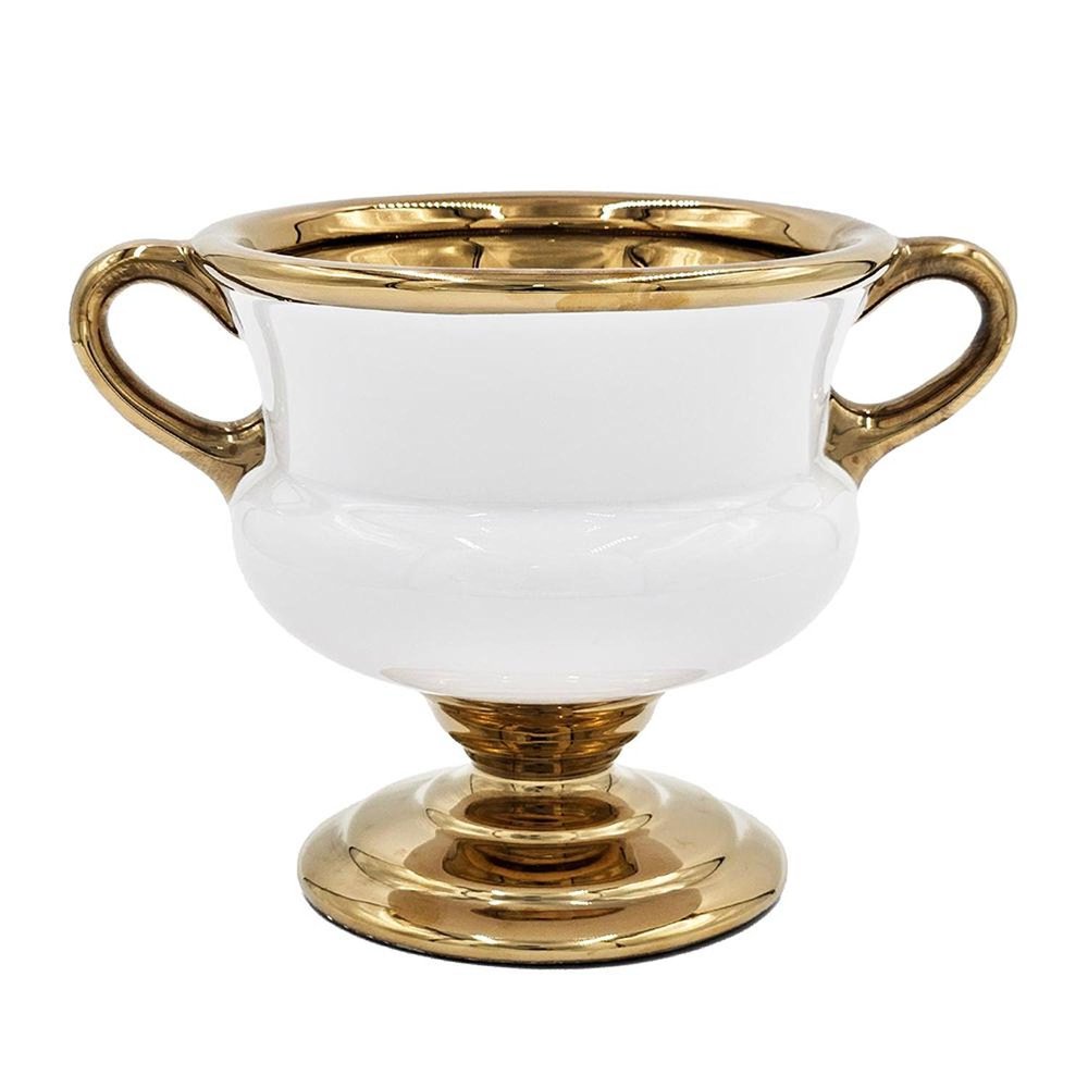 7" White And Gold Ceramic Amphora Urn