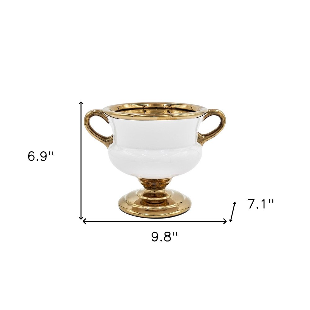 7" White And Gold Ceramic Amphora Urn