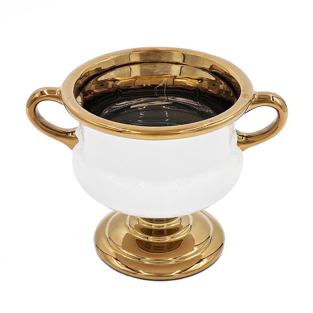 6" White And Gold Amphora Ceramic Table Vase. Vase isolated on a plain white background, showing a gold ceramic surface.
