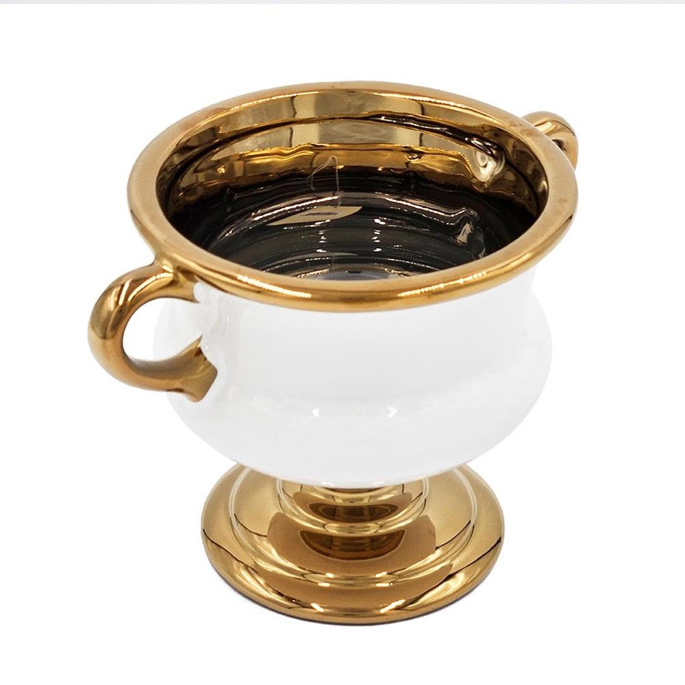 6" White And Gold Amphora Ceramic Table Vase. Vase isolated on a plain white background, in a gold ceramic finish.