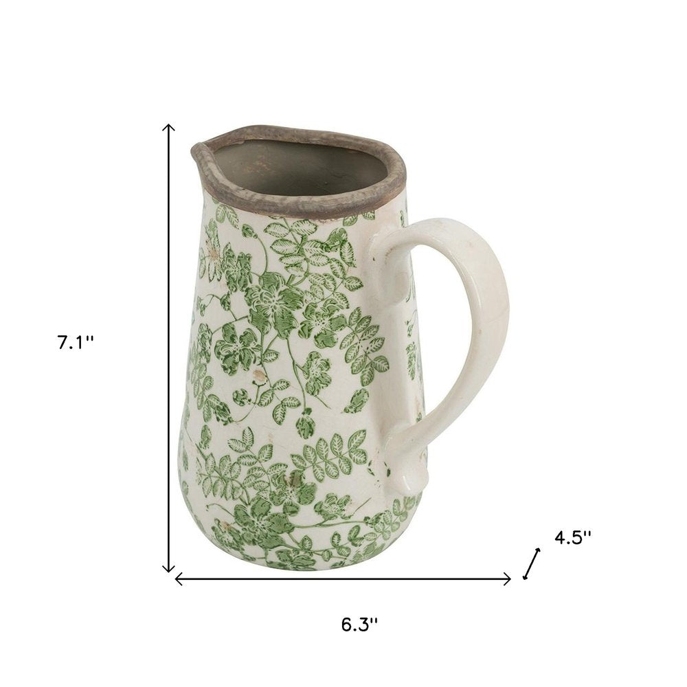 7" Green And White Leaf Ceramic Round Jug Vase