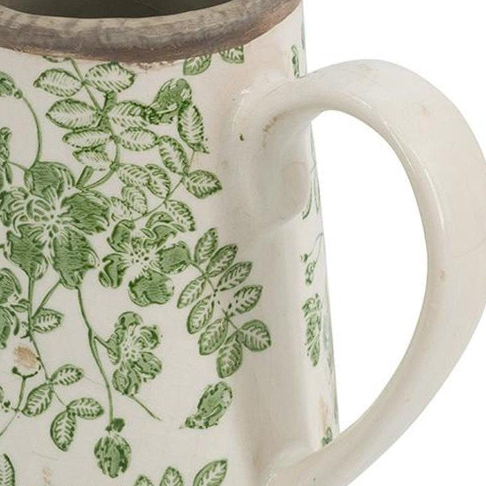 7" Green And White Leaf Ceramic Round Jug Vase
