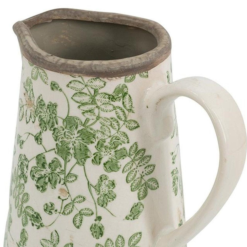7" Green And White Leaf Ceramic Round Jug Vase