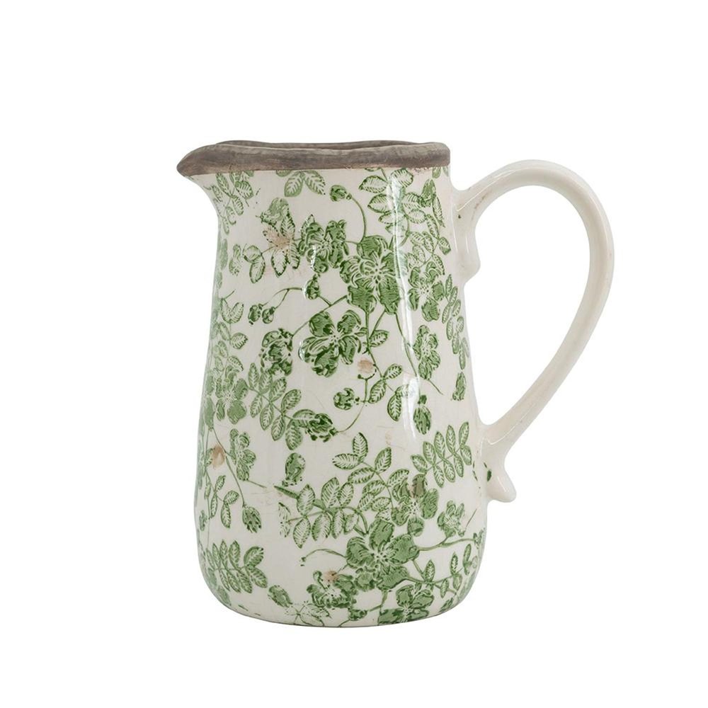 7" Green And White Leaf Ceramic Round Jug Vase