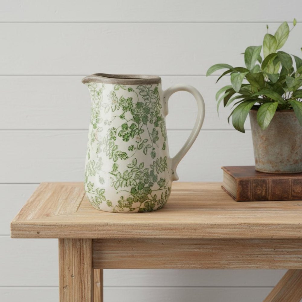 7" Green And White Leaf Ceramic Round Jug Vase