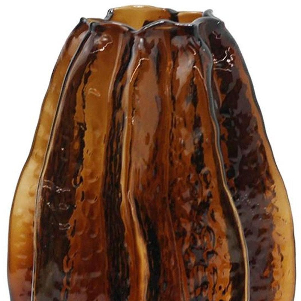 8" Burnt Umber And Black Glass Textured Wavy Table Vase