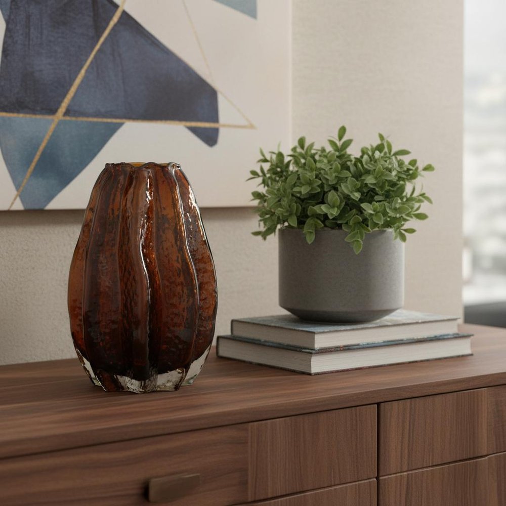 8" Burnt Umber And Black Glass Textured Wavy Table Vase