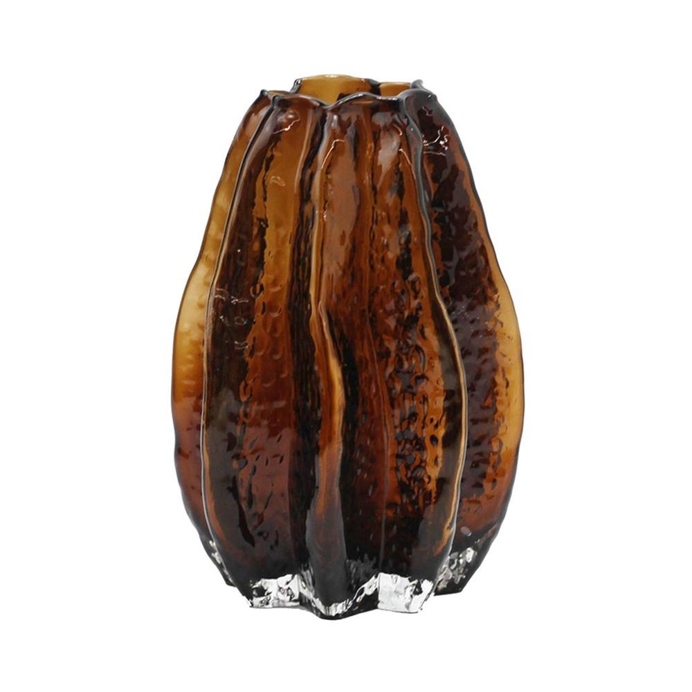 8" Burnt Umber And Black Glass Textured Wavy Table Vase on a white background