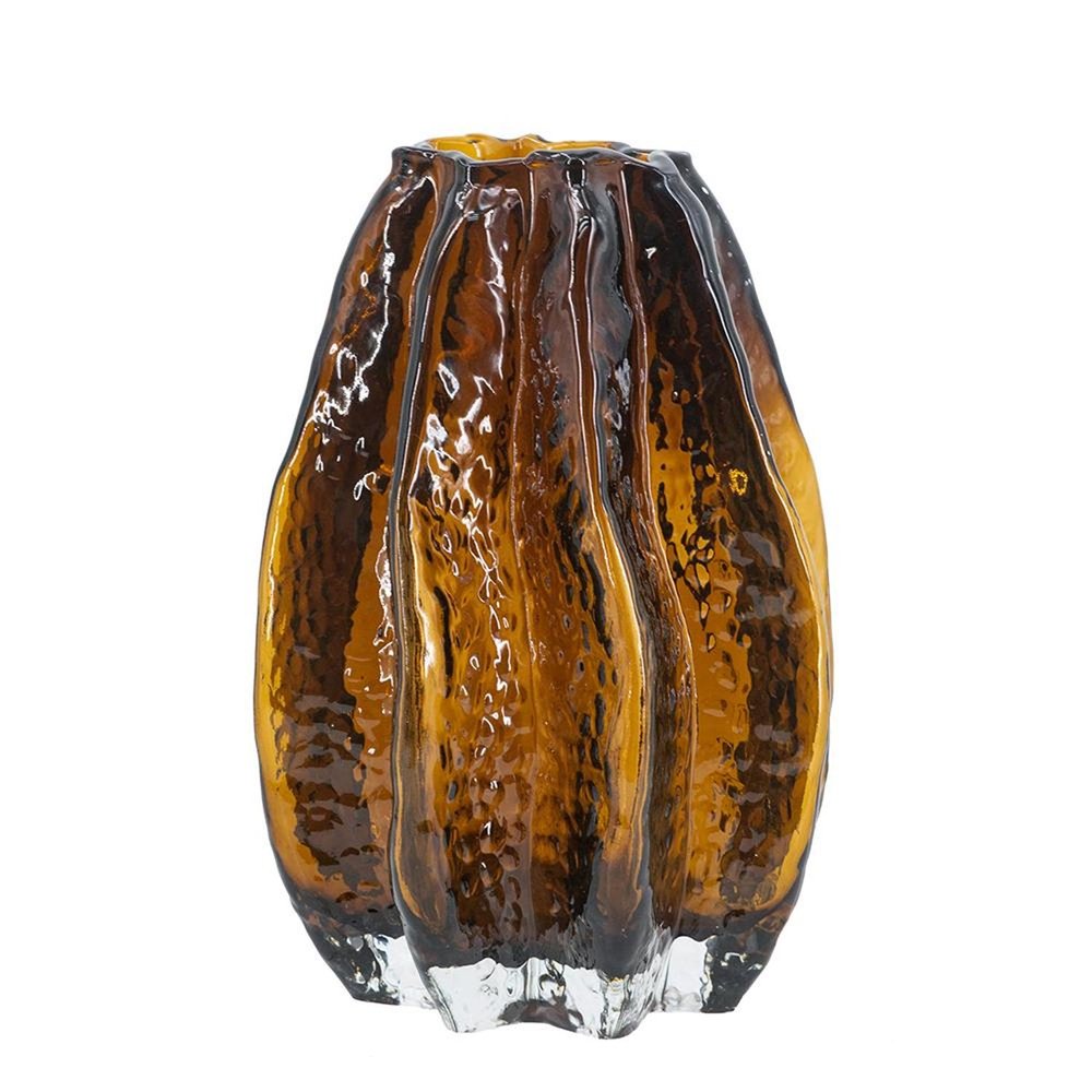 8" Burnt Umber And Black Glass Textured Wavy Table Vase