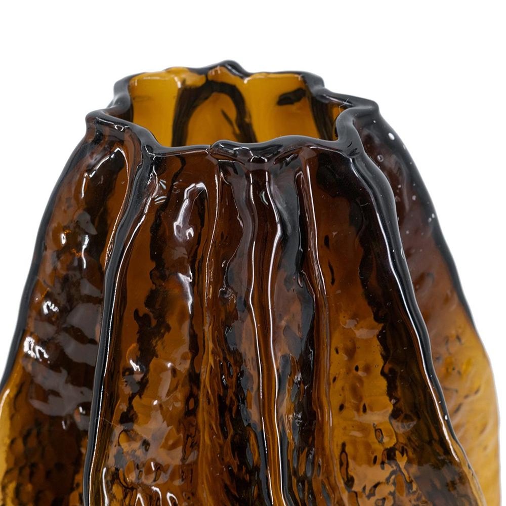 8" Burnt Umber And Black Glass Textured Wavy Table Vase on a white background