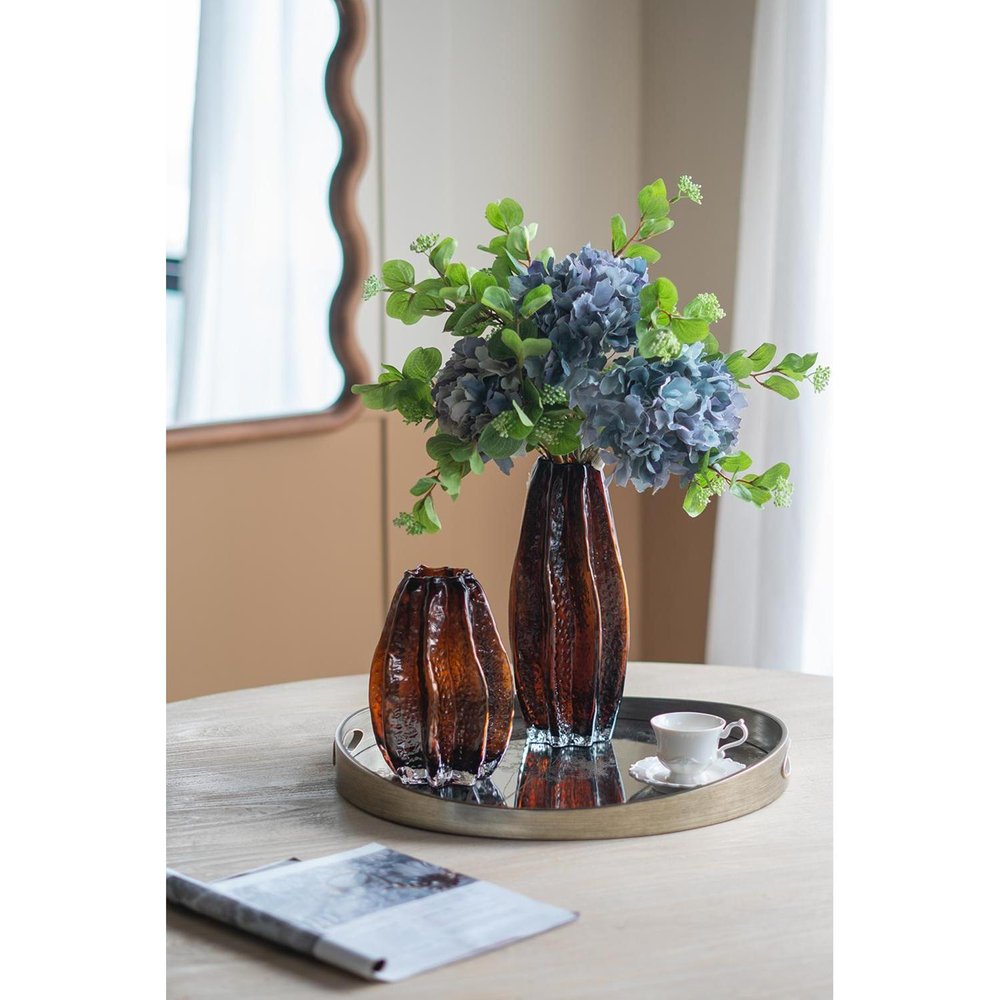 8" Burnt Umber And Black Glass Textured Wavy Table Vase