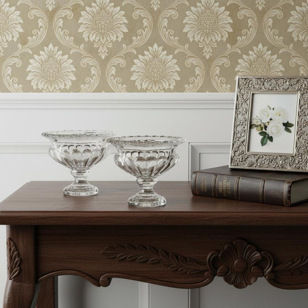 Set of Two Clear Glass Round Bowl Table Vases in a home interior
